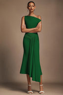 Paulina Oblique Shoulder Sleeveless Folds Green Midi Dress