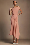 Paulina Oblique Shoulder Sleeveless Folds Pink Midi Dress