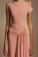 Paulina Oblique Shoulder Sleeveless Folds Pink Midi Dress