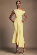 Paulina Oblique Shoulder Sleeveless Folds Yellow Midi Dress