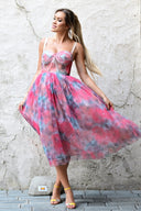 Pink Floral Mesh Midi Dress