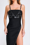 Cherrie Leather Weaved Top & High Slit  Bandage Midi Dress