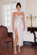 Mylie Strapless Diamonate Feather Midi Dress