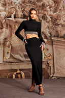 Labiny Long Sleeve Choker Tassel Bandage Maxi Two-Piece Set