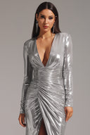 Linka Deep V Long Sleeve Shirr Maxi Dress