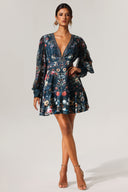Lina V-Neck Floral Printed Long Sleeves Mini Dress