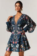 Lina V-Neck Floral Printed Long Sleeves Mini Dress