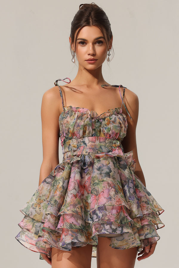 Hester Kolsuz V Yaka Bağcıklı Fırfırlı Mini Elbise