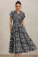 Ivory Lapel Printed Short Sleeve Shirt Midi Dress