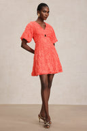 Katya V-Neck Puff Sleeves Hollow Out Mini Dress