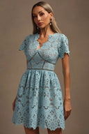 Urania V-Neck Short Sleeves Flowers Lace Mini Dress