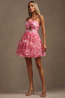 Daware Sleeveless Flower Printed Hollow Out Folds Mini Dress