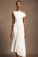Paulina Oblique Shoulder Sleeveless Folds Midi Dress