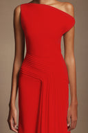 Jillian Oblique Shoulder Sleeveless Folds Midi Dress