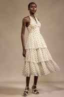 Julieta Sleeveless Dot Printed Layered Folds Midi Dress