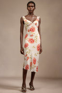 Galla Halter Floral Printed Bowknot Folds Midi Dress