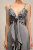 Yvonne Sleeveless V-Neck Flowers Flounce Gray Maxi Dress