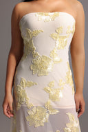 Deliyn Strapless Embroidery Flower Mesh Maxi Dress