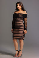 Rowena Ruched Mesh Bandage Midi Dress - Black
