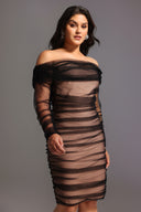 Rowena Ruched Mesh Bandage Midi Dress - Black