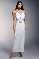 Pale Deep-V Halter Flrs Maxi Dress