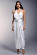 Pale Deep-V Halter Flrs Maxi Dress