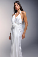 Pale Deep-V Halter Flrs Maxi Dress