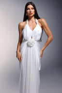 Pale Deep-V Halter Flrs Maxi Dress