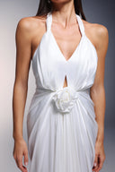 Pale Deep-V Halter Flrs Maxi Dress