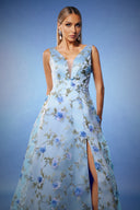 Zurri Sleeveless V-Neck Flrs Slit Maxi Dress