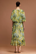 Kasai V-Neck Short Sleeves Printed Folds Maxi Dress