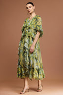 Kasai V-Neck Short Sleeves Printed Folds Maxi Dress