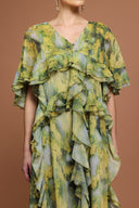 Kasai V-Neck Short Sleeves Printed Folds Maxi Dress