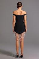 Oval Bandage Off-the-Shoulder Bandage Tassel Pearls Midi Dress
