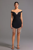 Oval Bandage Off-the-Shoulder Bandage Tassel Pearls Midi Dress