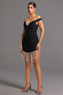 Oval Bandage Off-the-Shoulder Bandage Tassel Pearls Midi Dress