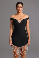 Oval Bandage Off-the-Shoulder Bandage Tassel Pearls Midi Dress