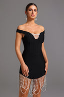 Oval Bandage Off-the-Shoulder Bandage Tassel Pearls Midi Dress