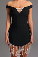 Oval Bandage Off-the-Shoulder Bandage Tassel Pearls Midi Dress