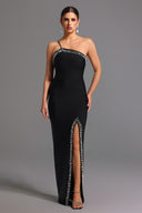 Mattey Bandage  One Shoulder Pearls Slit Maxi Dress