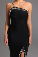 Mattey Bandage  One Shoulder Pearls Slit Maxi Dress