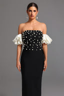 Mako Bandage Strapless Pearls Maxi Dress