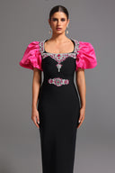 Pull Bandage Short Sleeves Square Collar Diamond Maxi Dress