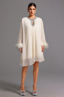 Delilah Long Sleeves Round Neck Diamond Feather Midi Dress