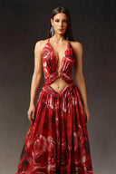 Zem Halter Sleeveless Pearl V-Neck Hollowed Out Print Slit Maxi Dress