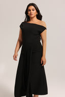 Juny Oblique Shoulder Sleeveless Folds Midi Dress
