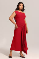 Jillian Oblique Shoulder Sleeveless Folds Midi Dress
