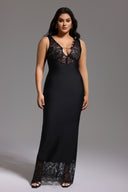 Janano Lace Deep V Maxi Dress - Black