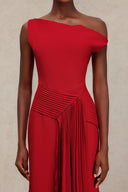 Jillian Oblique Shoulder Sleeveless Folds Midi Dress