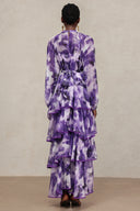 Jolie Round Neck Long Sleeves Floral Printed Folds Maxi Dress